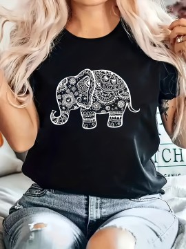 Elephant Graphic Casual Sports T-shirt, Short Sleeves Comfortable Workout Top, Women's Activewear