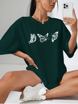 Butterfly Print Casual T-Shirt for Women - Short Sleeve Round Neck Sports Tee with Slight Stretch