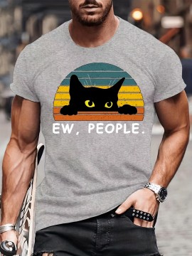 Men's Casual Trendy Black Cat Print T-shirt, Short Sleeve Crew Neck Hip Hop Style Tees For Summer Holiday Gift